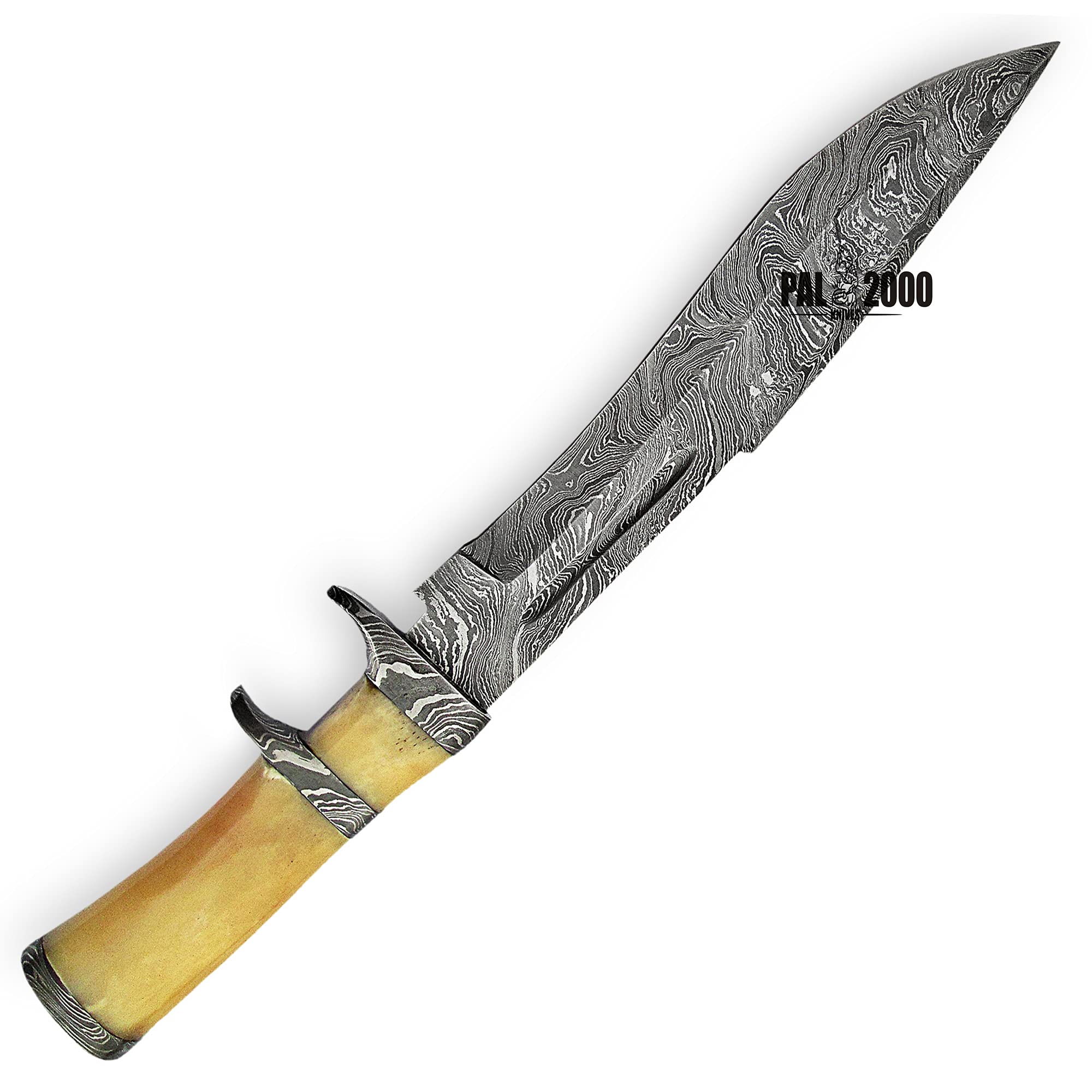 PAL 2000 KNIVES HUN-9969 Handmade Damascus Steel Fixed Blade Hunting 13 Inch Knife Camel Bone Handle