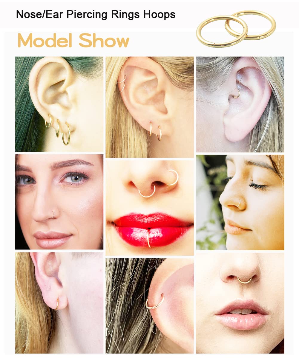 8pcs Gold Nose Rings Hoops for Women 16G Septum Ring Small Clicker Hoop Jewelry Surgical Steel Cute Cartilage Piercings for Tragus Helix Conch Daith 6mm 8mm 10mm 12mm