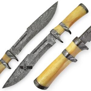 PAL 2000 KNIVES HUN-9969 Handmade Damascus Steel Fixed Blade Hunting 13 Inch Knife Camel Bone Handle