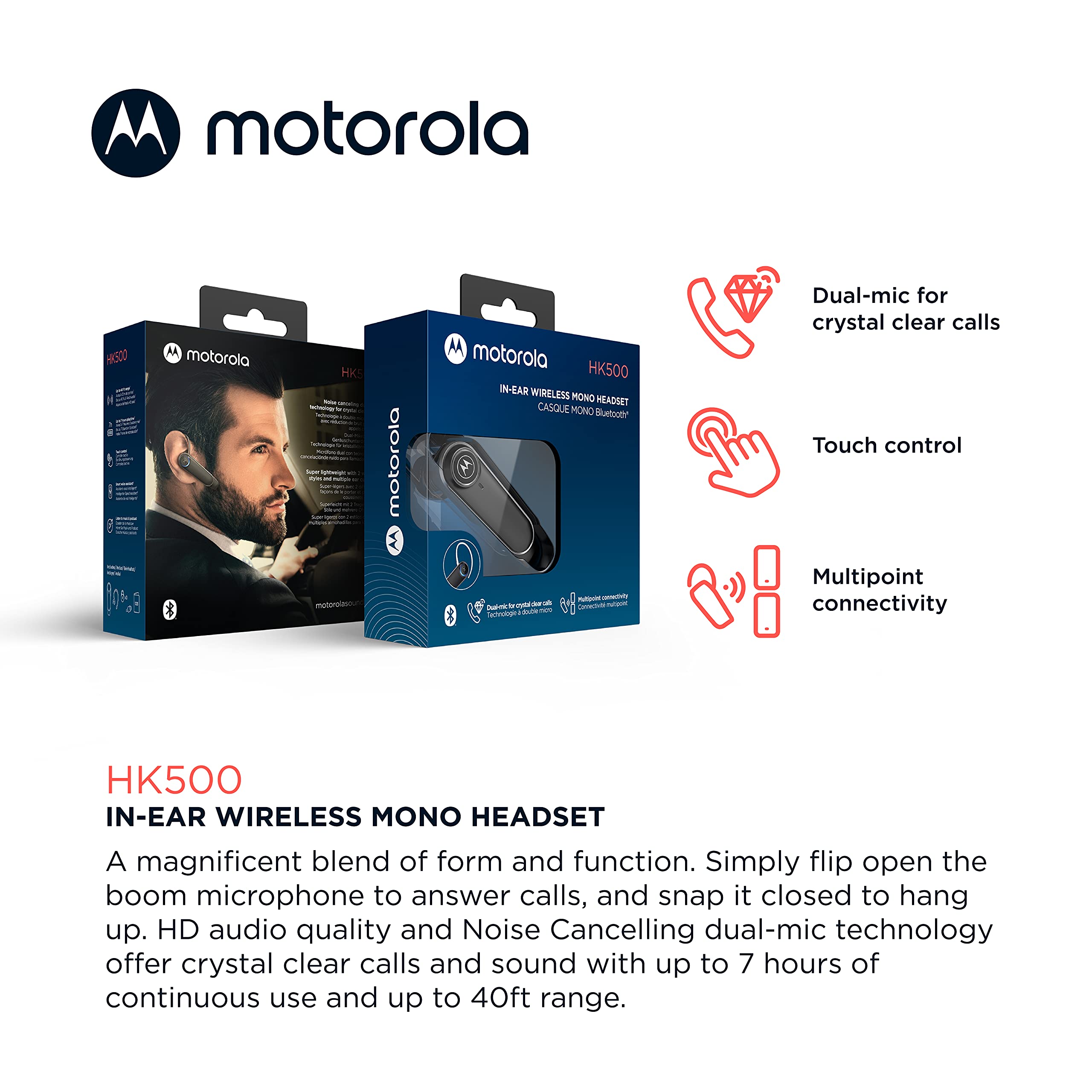 Motorola Bluetooth Earpiece HK500 in-Ear Wireless Mono Headset with Mic for Clear Phone Calls - Smart Touch/Voice Control, Noise Cancelling Microphone, Multipoint Connectivity, Long Battery Life