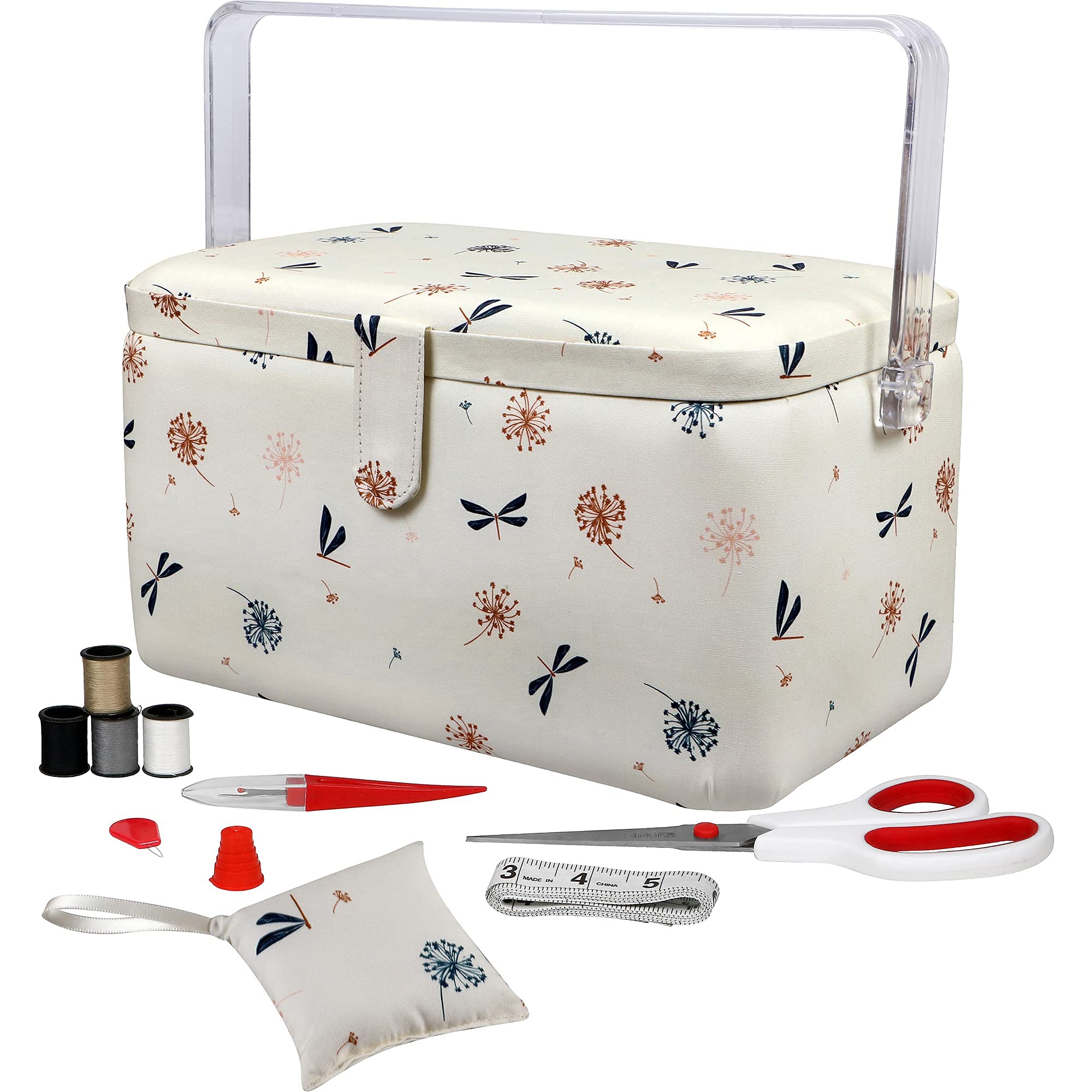 SINGER Large Premium Sewing Basket with Notions Sewing Kit & Matching Pin Cushion (Anthriscus Print)