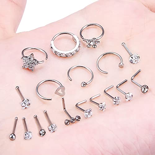 Boernfnso 20G Nose Rings Hoop Stud for Women Men Surgical Steel Nose Rings Studs Paved CZ Flower Nose Piercing Jewelry L Shaped Nose Ring Stud Set nose jewelry