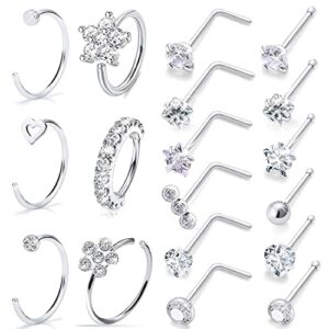 Boernfnso 20G Nose Rings Hoop Stud for Women Men Surgical Steel Nose Rings Studs Paved CZ Flower Nose Piercing Jewelry L Shaped Nose Ring Stud Set nose jewelry