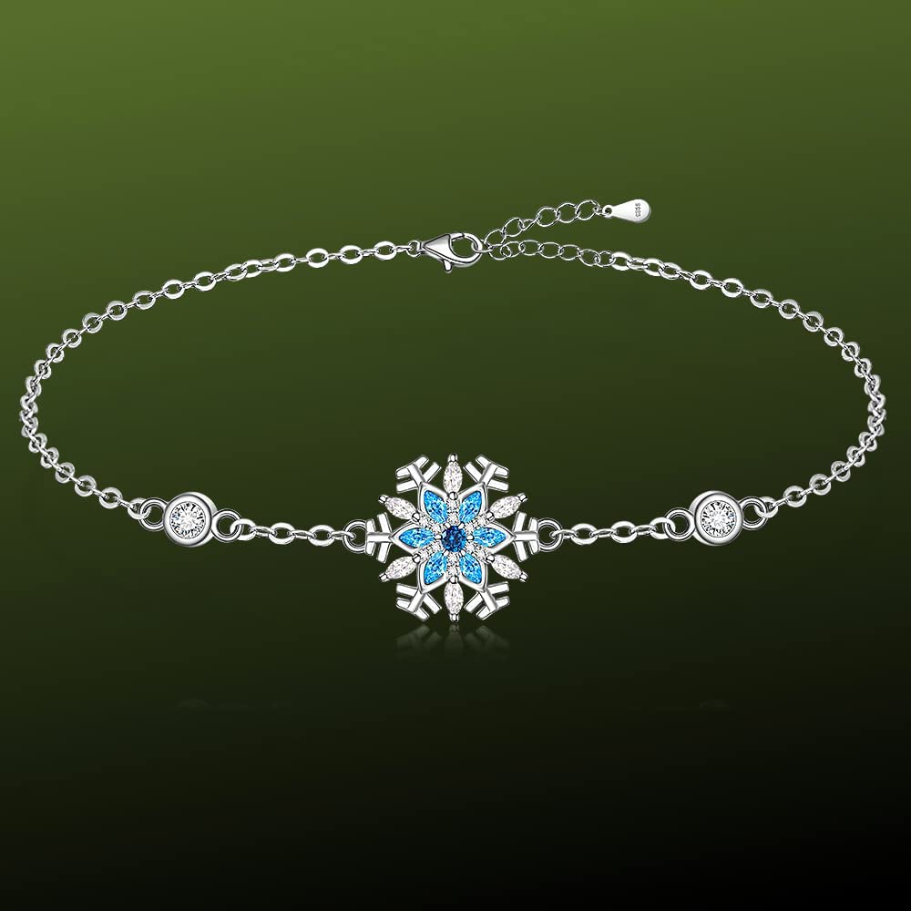 Snowflake Bracelet Adjustable Sterling Silver Chain Christmas Charm Bracelets for Women Blue Topaz Flower Holiday Jewelry