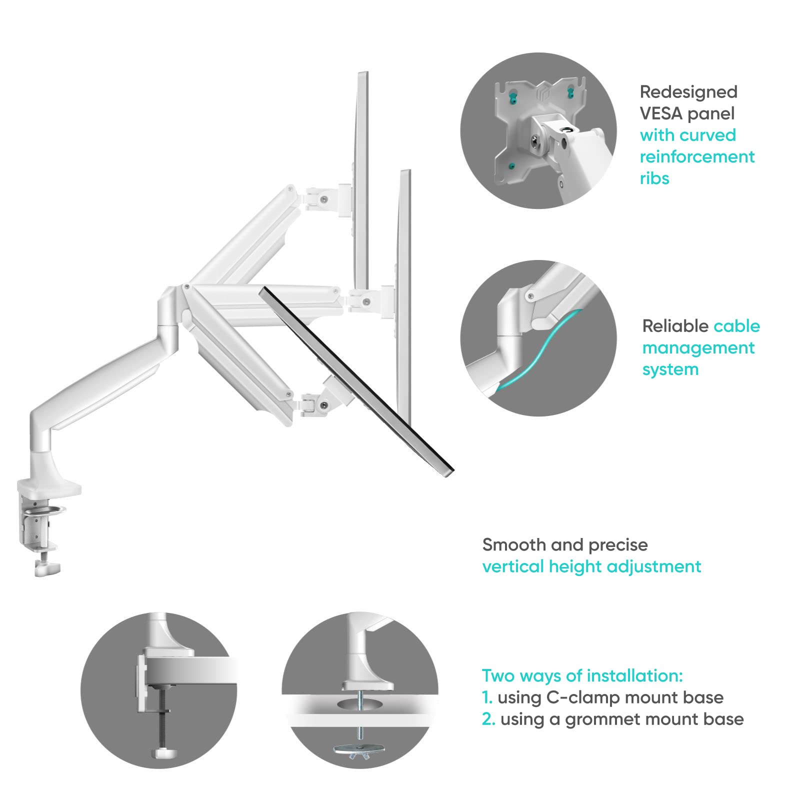 ONKRON Double Monitor Arm for Two 13-32 Inch Screens up to 19 lbs Each, Gas Spring Dual Monitor Arm Desk Mount 75x75 & 100x100 VESA - Dual Computer Monitor Mount for Desk Swivel Tilt Rotation White