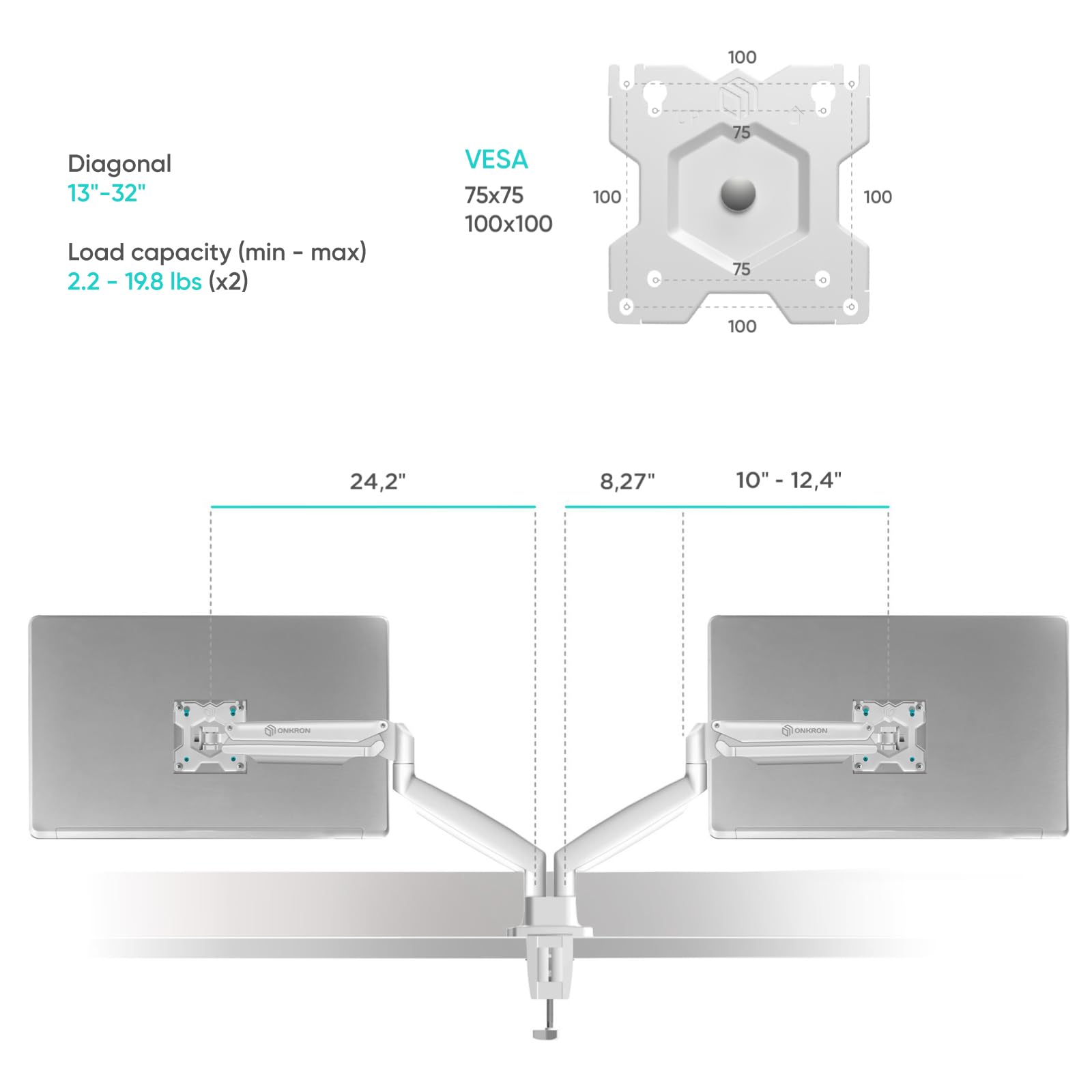 ONKRON Double Monitor Arm for Two 13-32 Inch Screens up to 19 lbs Each, Gas Spring Dual Monitor Arm Desk Mount 75x75 & 100x100 VESA - Dual Computer Monitor Mount for Desk Swivel Tilt Rotation White