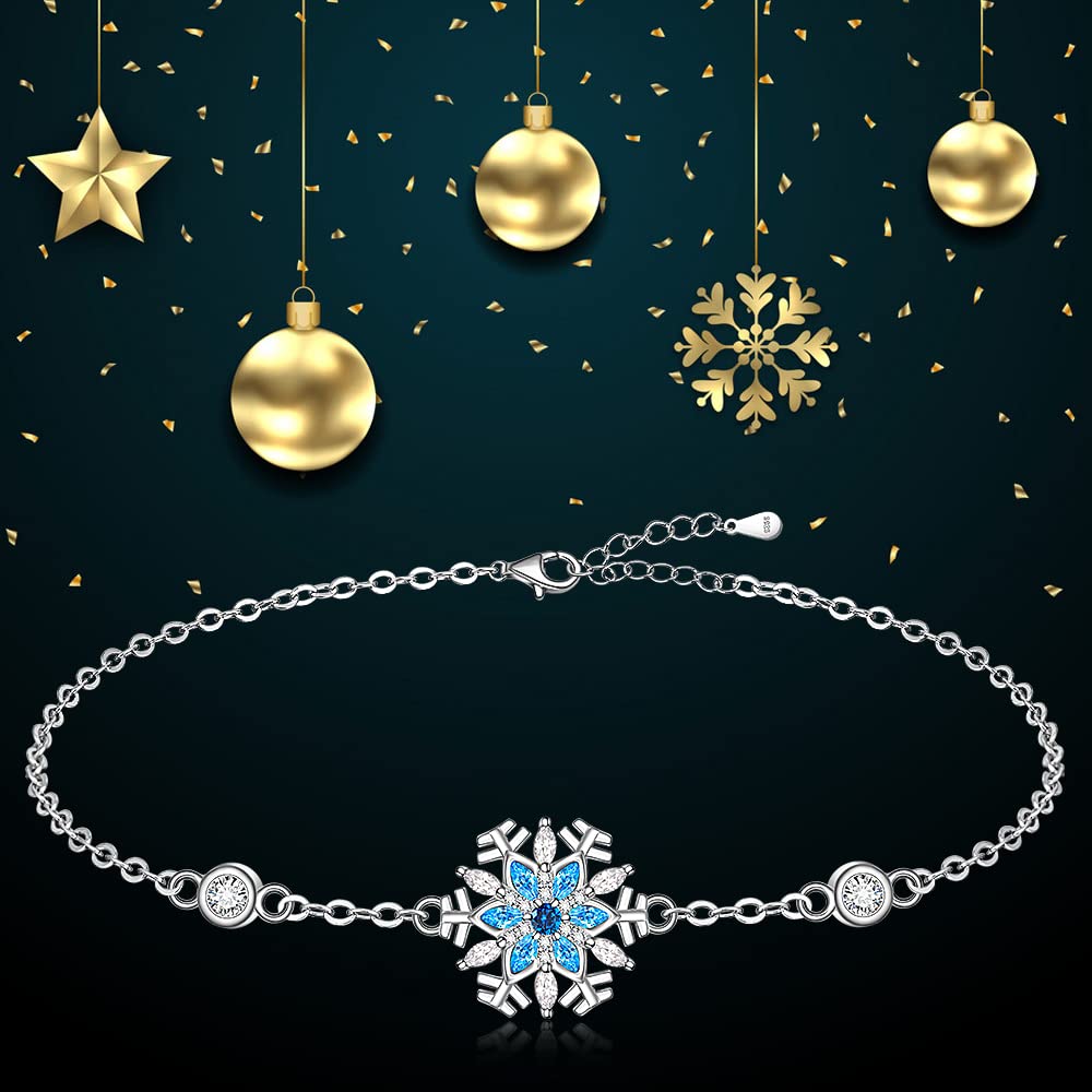 Snowflake Bracelet Adjustable Sterling Silver Chain Christmas Charm Bracelets for Women Blue Topaz Flower Holiday Jewelry