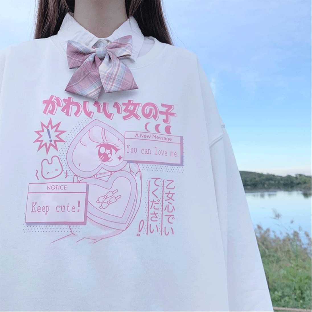 Starry Collector Kawaii Fashion Pastel Goth Soft Crewneck Long Sleeve Cute Cartoon Print Girl's Heart Sweatshirt (White, M)