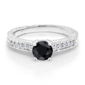 Gem Stone King 925 Sterling Silver Round Black Sapphire and White Moissanite Women Engagement Ring (1.30 Cttw, Gemstone Birthstone, Available In Size 5, 6, 7, 8, 9)