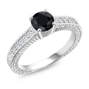 Gem Stone King 925 Sterling Silver Round Black Sapphire and White Moissanite Women Engagement Ring (1.30 Cttw, Gemstone Birthstone, Available In Size 5, 6, 7, 8, 9)