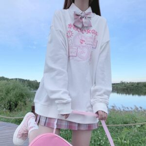 Starry Collector Kawaii Fashion Pastel Goth Soft Crewneck Long Sleeve Cute Cartoon Print Girl's Heart Sweatshirt (White, M)