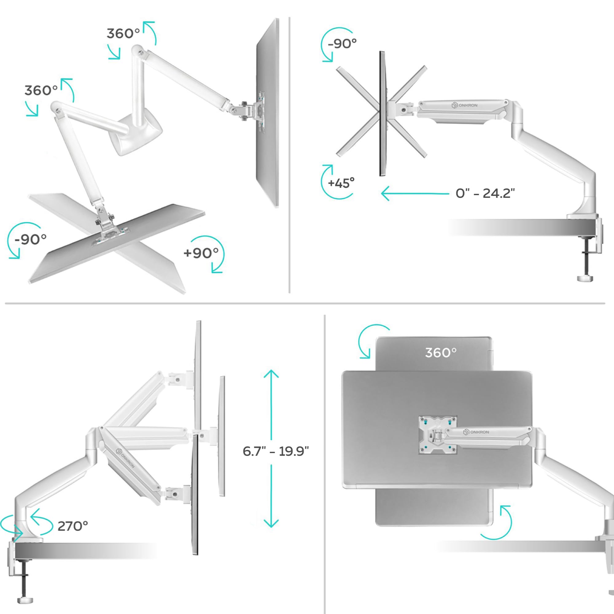 ONKRON Double Monitor Arm for Two 13-32 Inch Screens up to 19 lbs Each, Gas Spring Dual Monitor Arm Desk Mount 75x75 & 100x100 VESA - Dual Computer Monitor Mount for Desk Swivel Tilt Rotation White