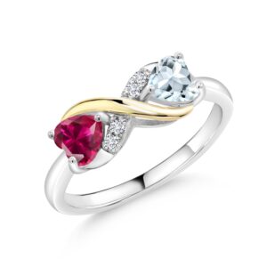 gem stone king 925 sterling silver and 10k yellow gold red created ruby sky blue aquamarine and white lab grown diamond ring for women (1.06 cttw, gemstone birthstone, 5mm heart shape) (size 7)