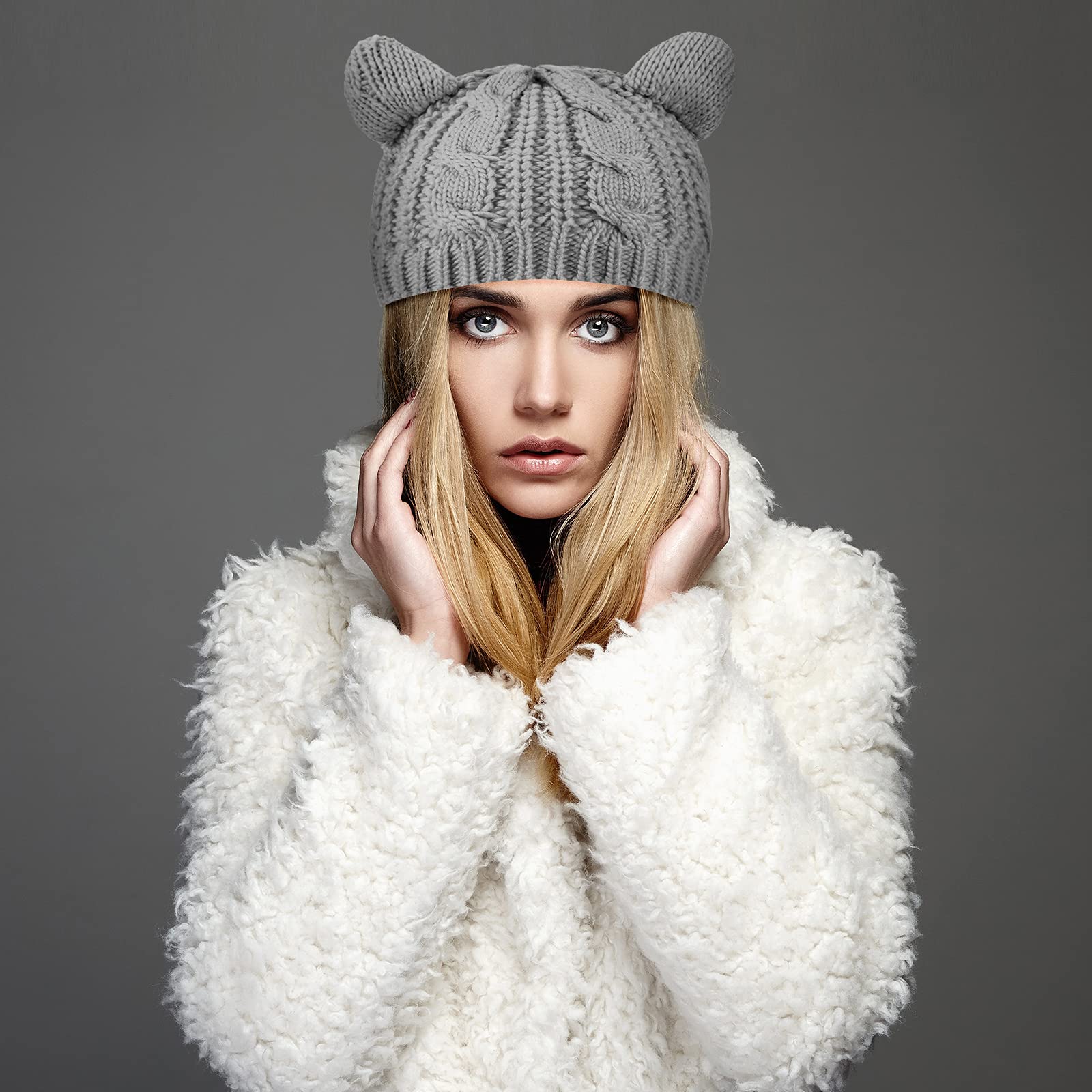 Cat Ear Beanie Hats Cute Cat Knitted Hat Winter Knit Cable Hat for Women Girls (Black, Light Gray,2 Pieces)