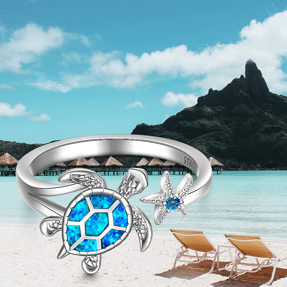 Fenthring Opal Ring Sea Turtle Rings Blue Opal Sterling Silver Adjustable Turtle Jewelry Starfish Good Luck Longevity Gifts Size 8