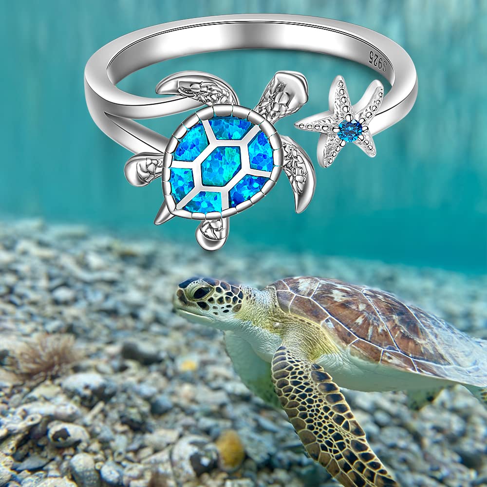 Fenthring Opal Ring Sea Turtle Rings Blue Opal Sterling Silver Adjustable Turtle Jewelry Starfish Good Luck Longevity Gifts Size 8