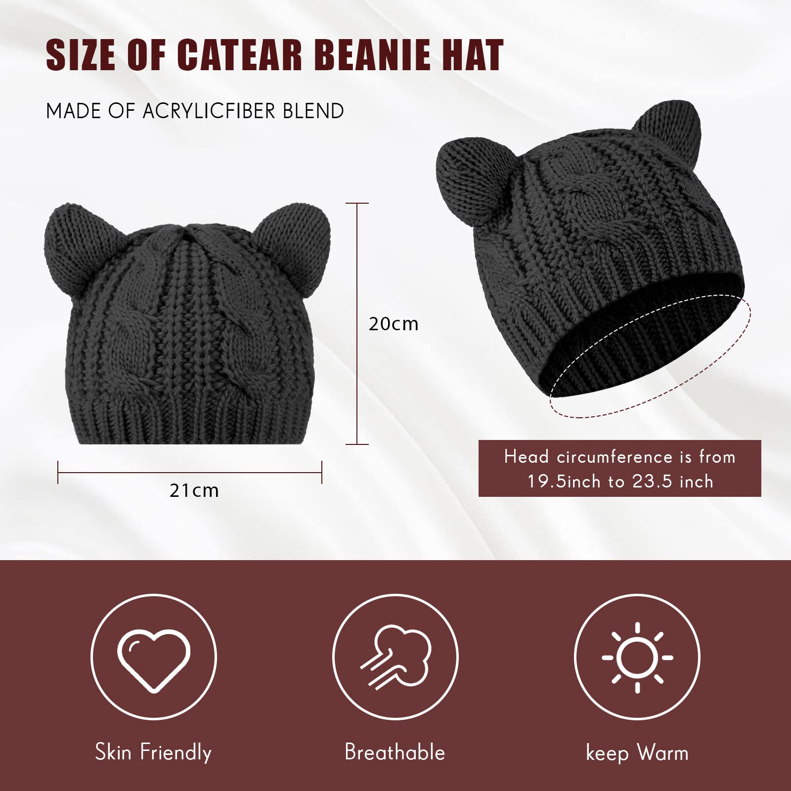 Cat Ear Beanie Hats Cute Cat Knitted Hat Winter Knit Cable Hat for Women Girls (Black, Light Gray,2 Pieces)