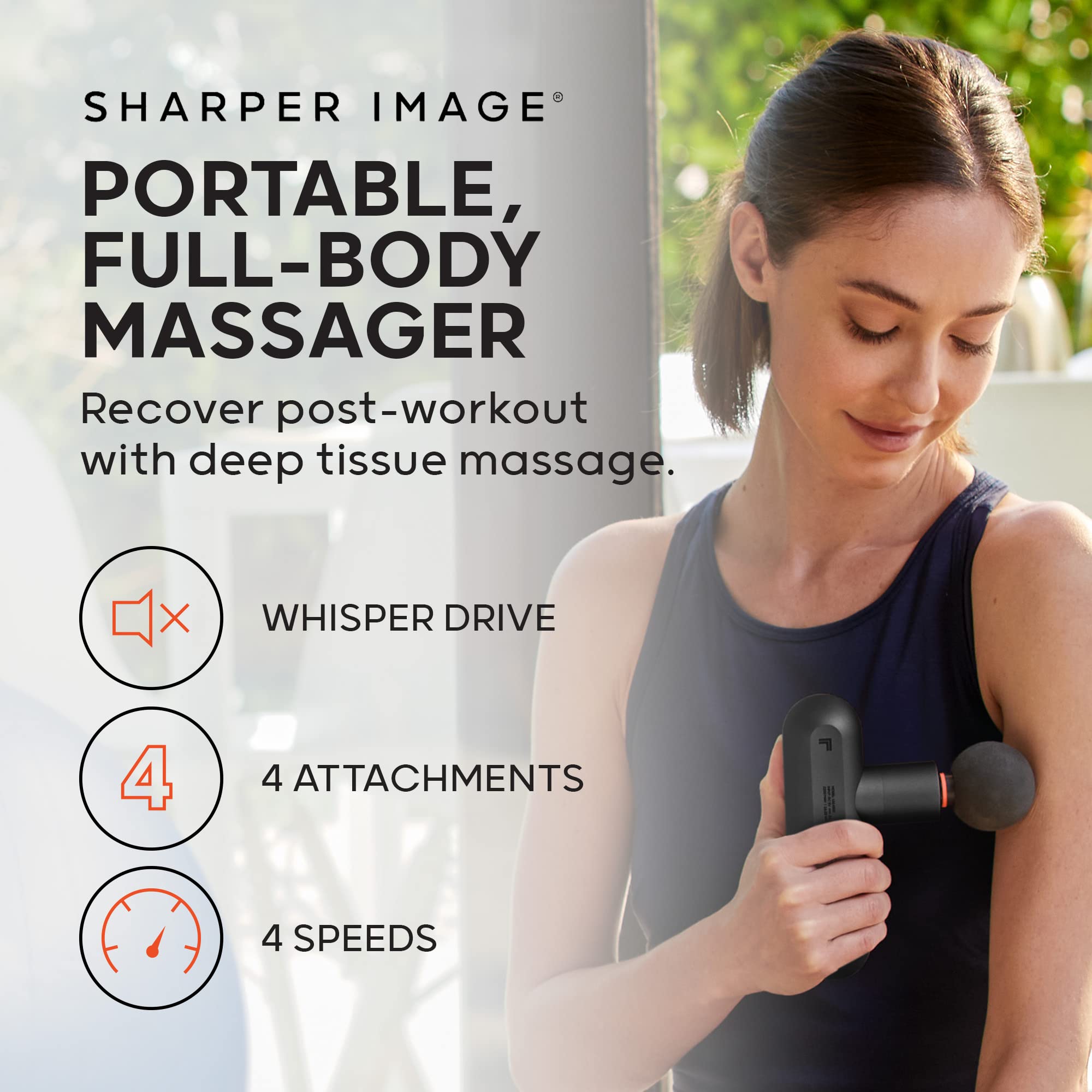 Sharper Image Deep Tissue Portable Percussion Massage Gun, Powerboost Move Full Body, Back & Neck Muscle Massager with 4 Attachments - Handheld Rechargeable Electric Massage Gun for Athletes