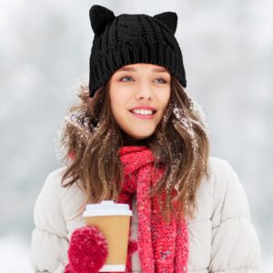 Cat Ear Beanie Hats Cute Cat Knitted Hat Winter Knit Cable Hat for Women Girls (Black, Light Gray,2 Pieces)