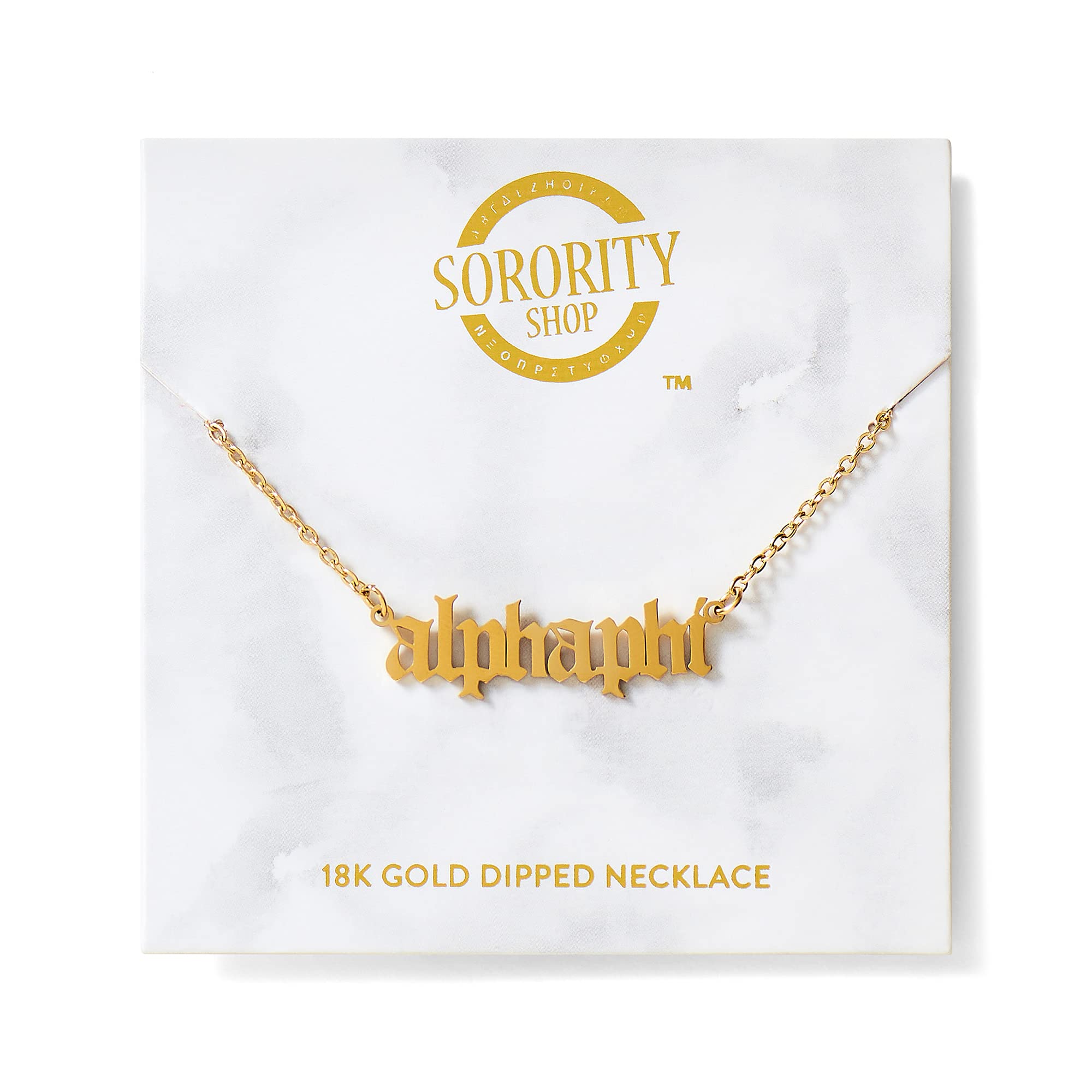 Sorority Shop Alpha Phi Necklace — AP Old English Font Design, 18K Gold Plated, Alpha Phi Gifts for Women