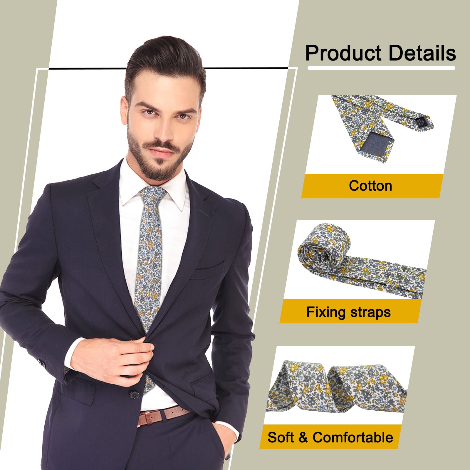 Mantieqingway Men Skinny Tie Cotton Floral Tie 2.56'' Slim Necktie for Wedding Groomsmen Neck Tie