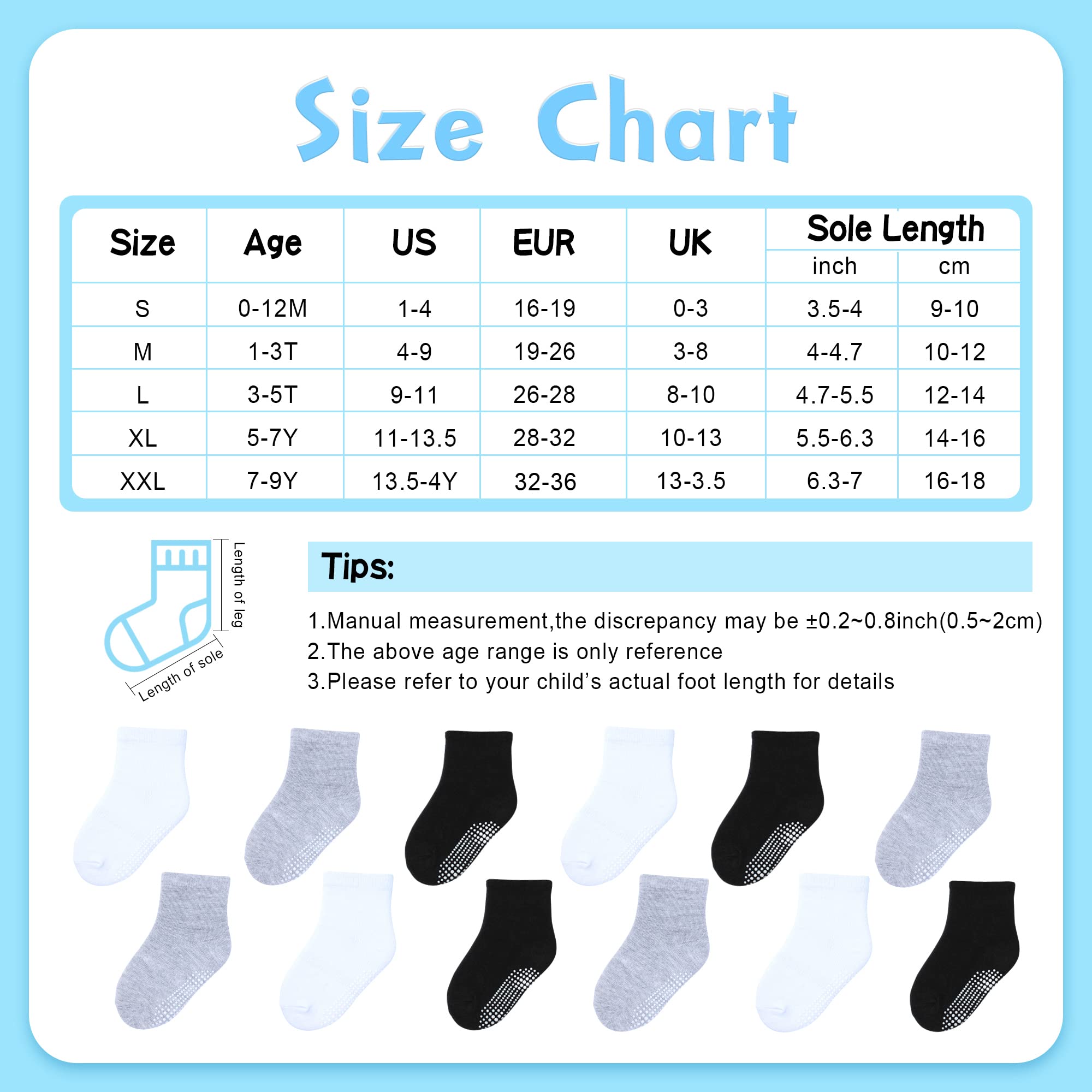 HYzgb Kids Socks with Grippers 5-6-7 Years Old 12 Pairs Non Slip Grips Cotton Crew Socks for Little Kids Boys 5T-6T-7T Birthday Gifts Seamless Black/White/Gray