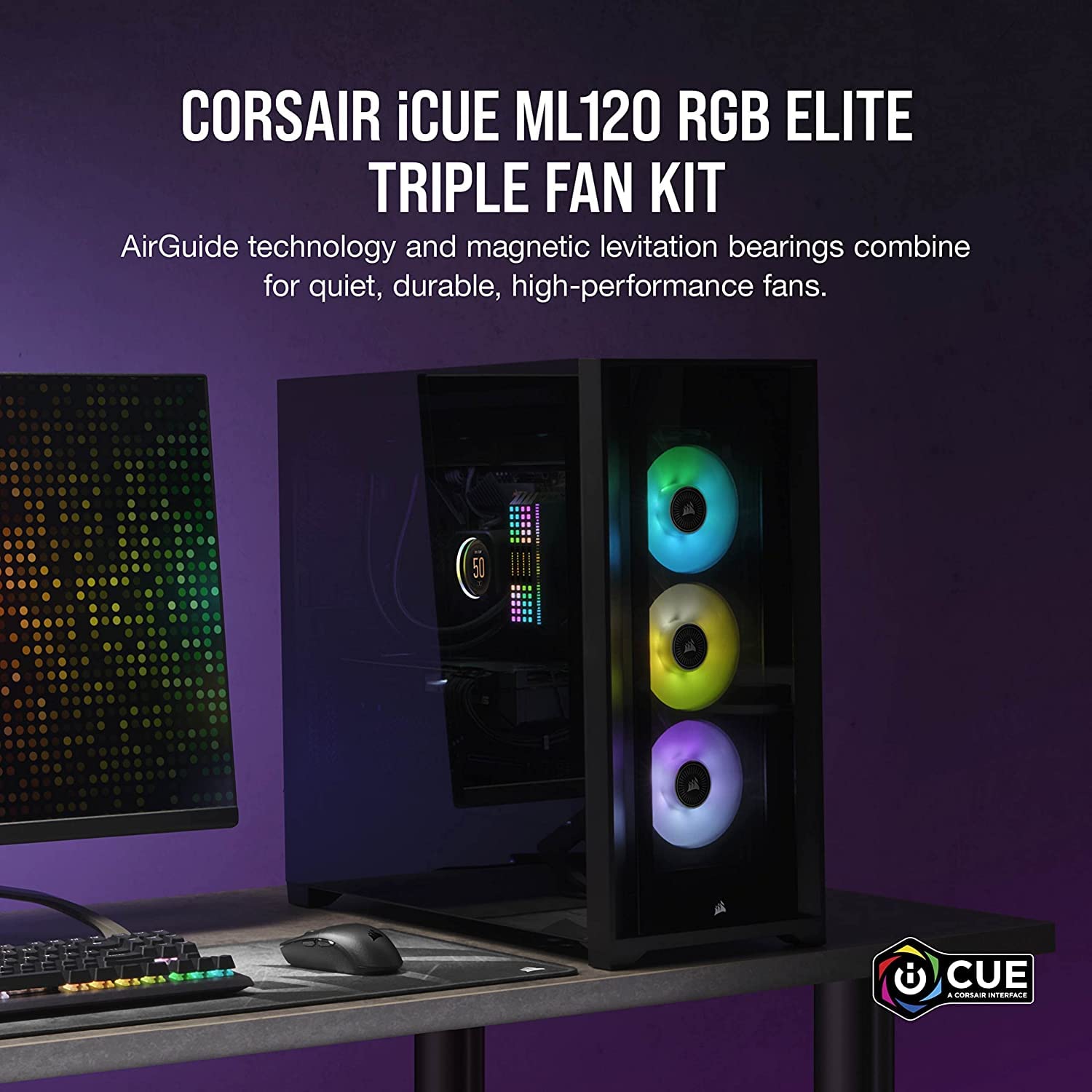 CORSAIR ML120 RGB ELITE, 120mm Magnetic Levitation RGB Fan with AirGuide, 3-Pack with Lighting Node CORE, Black For Radiator