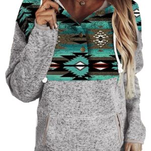 Womens Winter Cute Button Collar Patchwork Color Block Long Sleeve Knit Stitching Drawstring Hoodies Hooded Sweatshirts Women Pullover Casual Fashion Tops Green X-Large