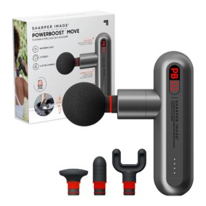 sharper image deep tissue portable percussion massage gun, powerboost move full body, back & neck muscle massager with 4 attachments - handheld rechargeable electric massage gun for athletes