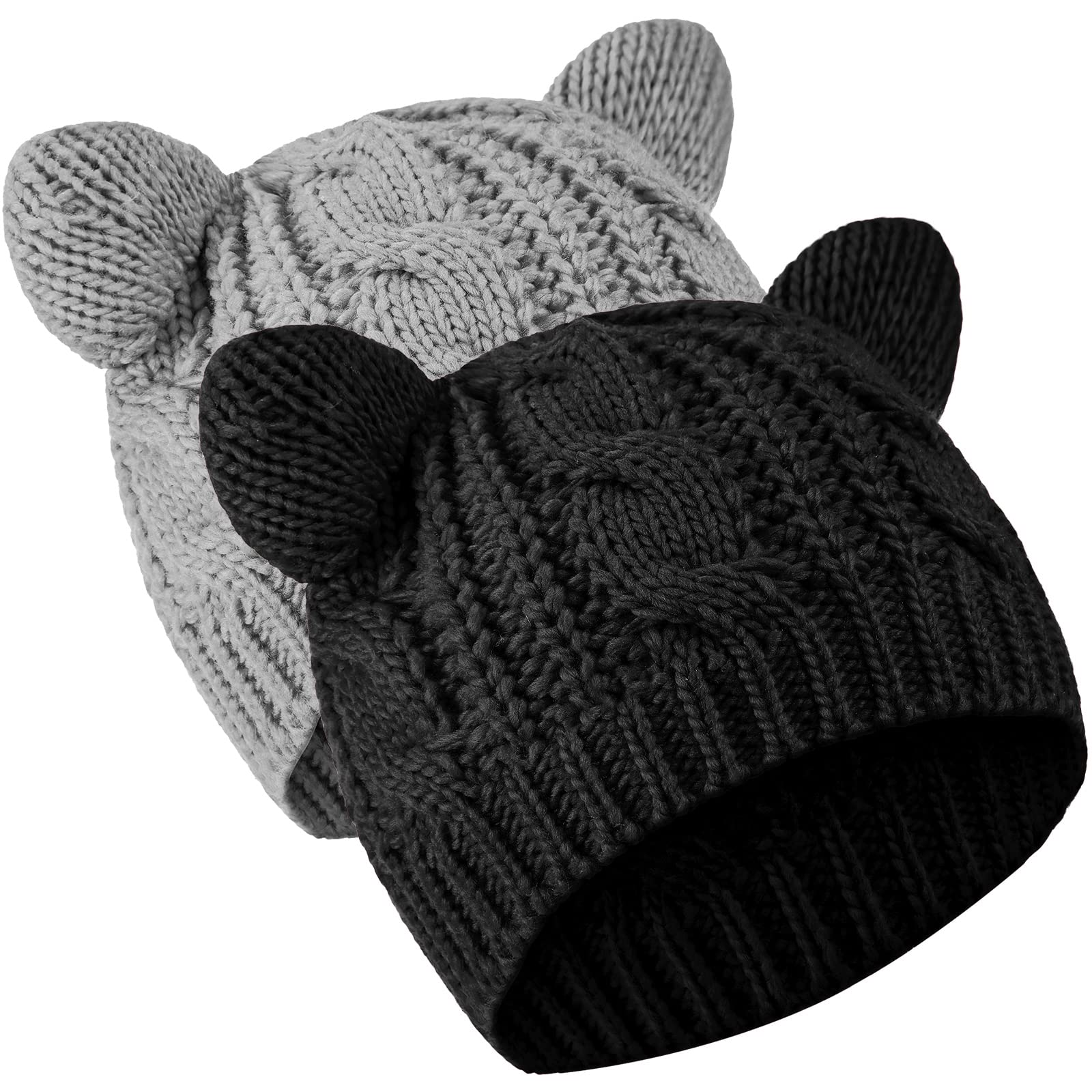 Cat Ear Beanie Hats Cute Cat Knitted Hat Winter Knit Cable Hat for Women Girls (Black, Light Gray,2 Pieces)