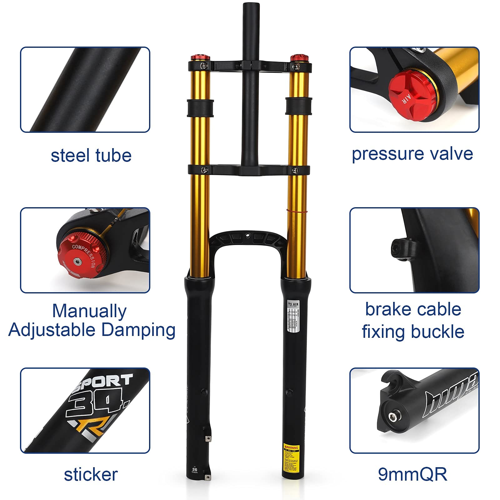 26 Inch Bike Suspension Forks 4.0 Fat Bike Straight Front Fork Downhill Mountain Bike MTB Fork 1-1/8 Disc Brake Air Fork 170mm Travel E-Bike Front Fork BMX 2850g (Color : Black Gold)