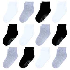 hyzgb kids socks with grippers 5-6-7 years old 12 pairs non slip grips cotton crew socks for little kids boys 5t-6t-7t birthday gifts seamless black/white/gray