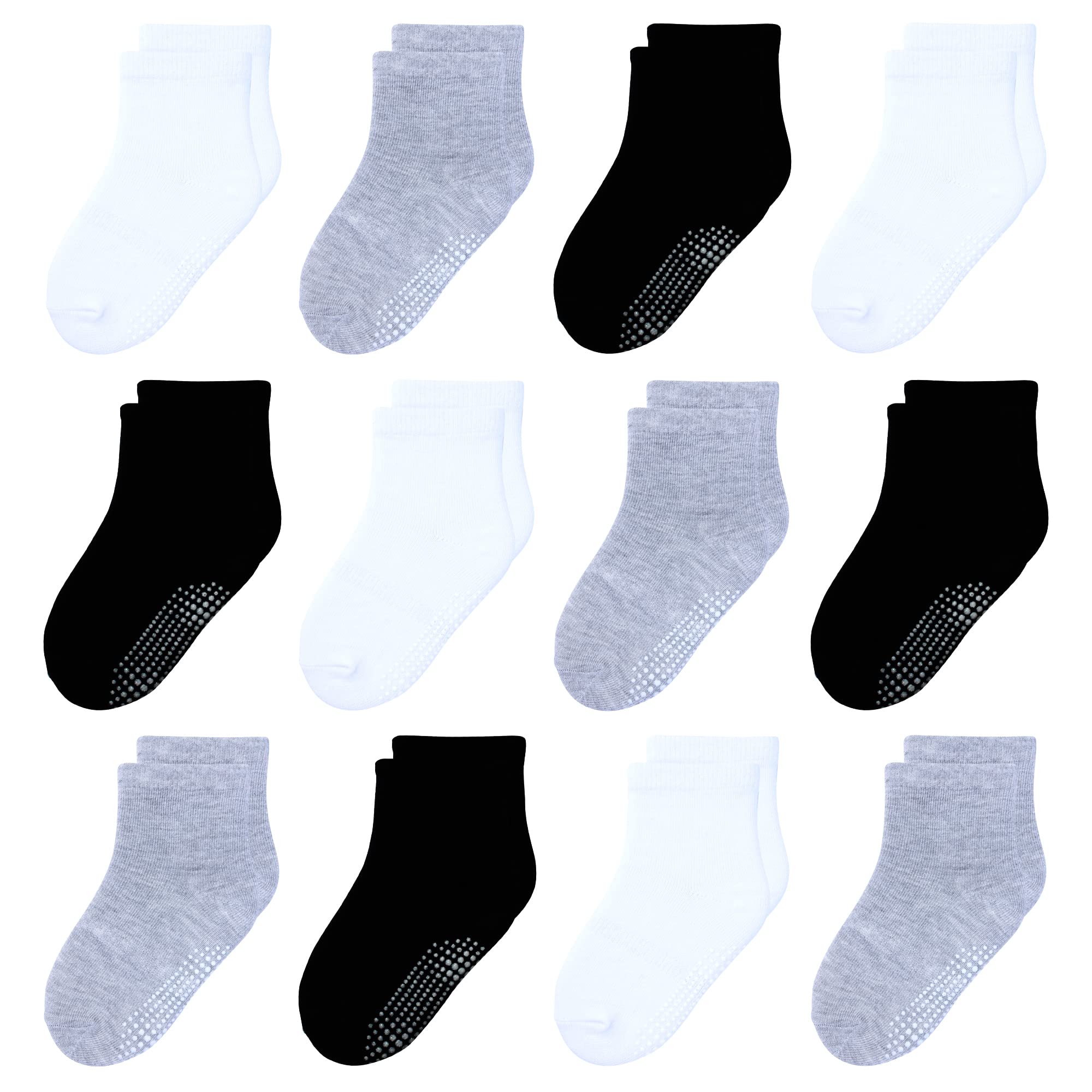 HYzgb Kids Socks with Grippers 5-6-7 Years Old 12 Pairs Non Slip Grips Cotton Crew Socks for Little Kids Boys 5T-6T-7T Birthday Gifts Seamless Black/White/Gray