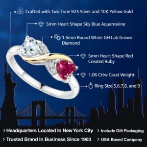 Gem Stone King 925 Sterling Silver and 10K Yellow Gold Red Created Ruby Sky Blue Aquamarine and White Lab Grown Diamond Ring For Women (1.06 Cttw, Gemstone Birthstone, 5MM Heart Shape) (Size 6)