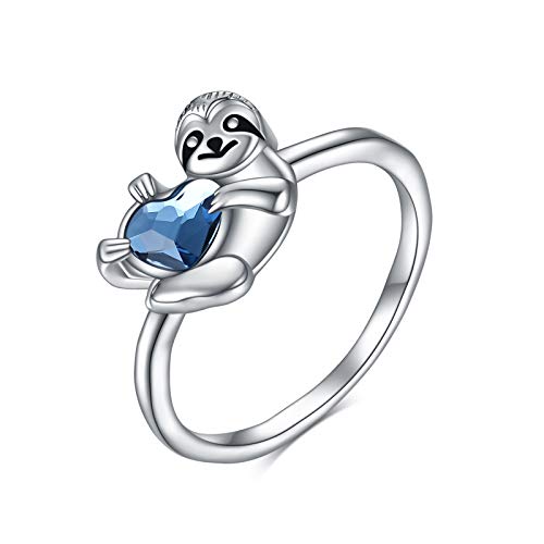 YFN Sloth Gifts Sterling Silver Sloth Rings Heart Crystal Sloth Jewelry for Women Girls