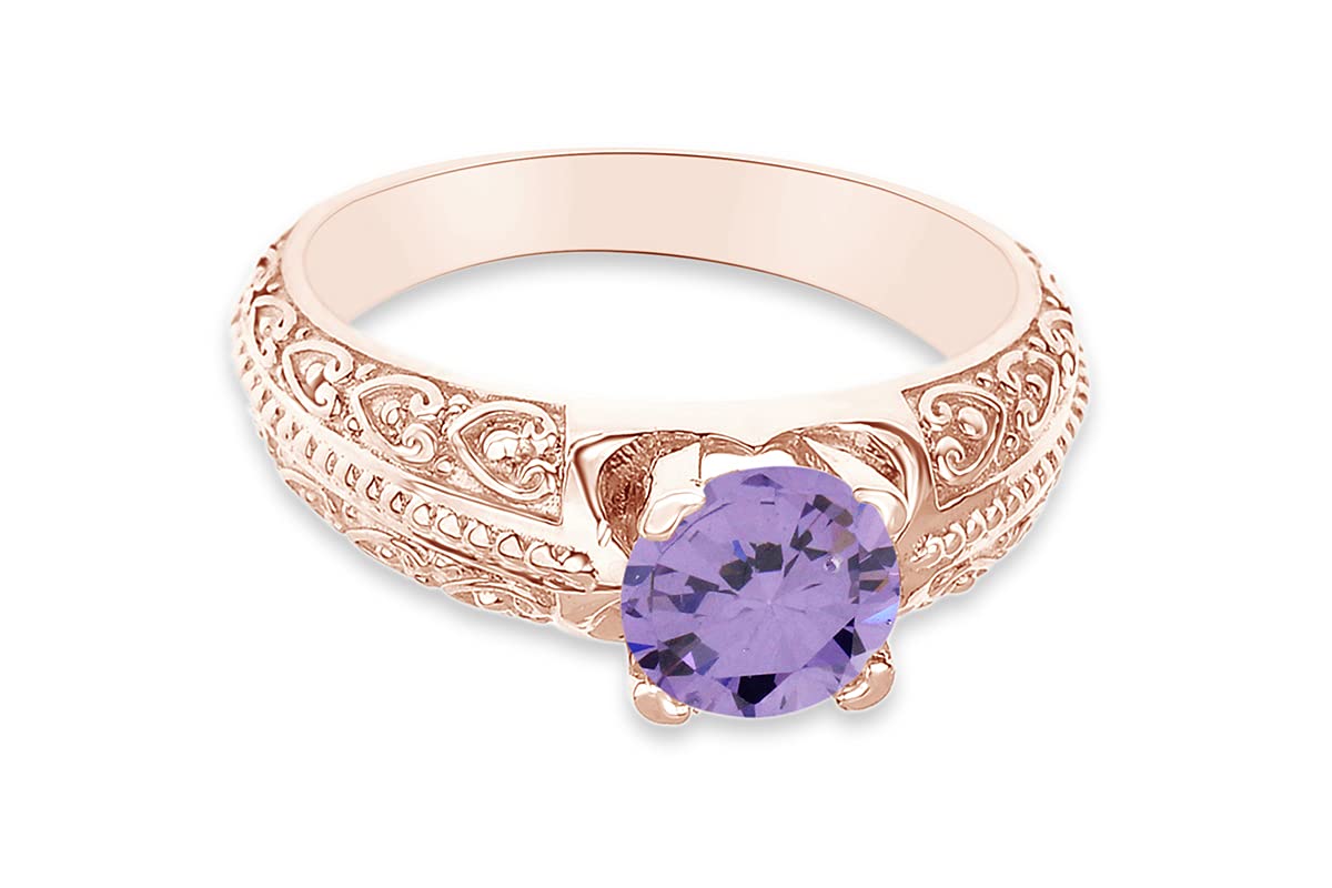 AFFY Round Shape Simulated Alexandrite In 14K Rose Gold Over 925 Sterling Silver Ring Size 6