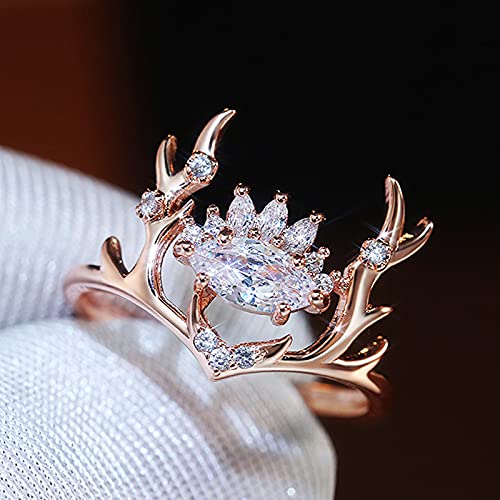 Sdouefos Fashion Glittering Zircon Embellished Lovely Rose Gold Elk Antlers Zircon Wedding Ring Exquisite Cute Elk Antler Zircon Crystal Ring Birthday Anniversary Jewelry (7)