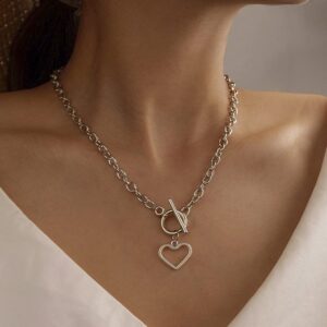 Avanlin Heart Pendant Choker Necklace Silver Stainless Steel Toggle Necklaces Cable Chain for Women Girls