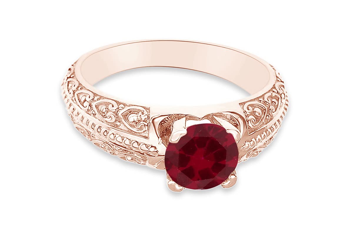 AFFY Round Shape Simulated Ruby In 14K Rose Gold Over 925 Sterling Silver Ring Size 4