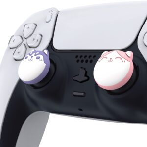 PlayVital Husky & Kitty Cute Thumb Grip Caps for PS5/4 Controller, Silicone Analog Stick Caps Cover for Xbox Series X/S, Thumbstick Caps for Switch Pro Controller - Pale Red & Light Violet