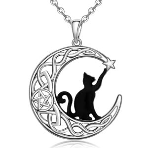 fenthring black cat necklace sterling silver crescent moon celtic knot cat necklaces for women cute animal infinity pentacle cats halloween christmas holiday jewelry