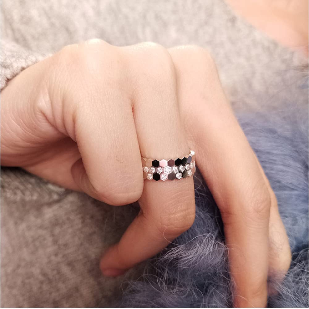 Lun Detail 18K Plated Platinum/Rose Gold Cute Bee Honeycomb Ring Minimalist Women's Geometric 3PCS Set Shiny Cubic Zirconia Diamond Hexagonal Wedding Anniversary Eternity (6#, Platinum)