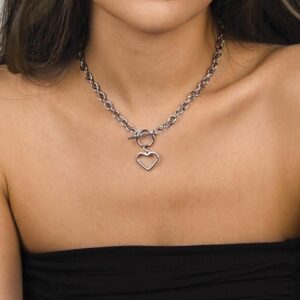 Avanlin Heart Pendant Choker Necklace Silver Stainless Steel Toggle Necklaces Cable Chain for Women Girls