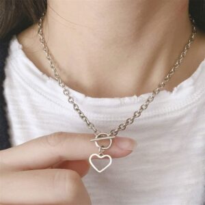 Avanlin Heart Pendant Choker Necklace Silver Stainless Steel Toggle Necklaces Cable Chain for Women Girls