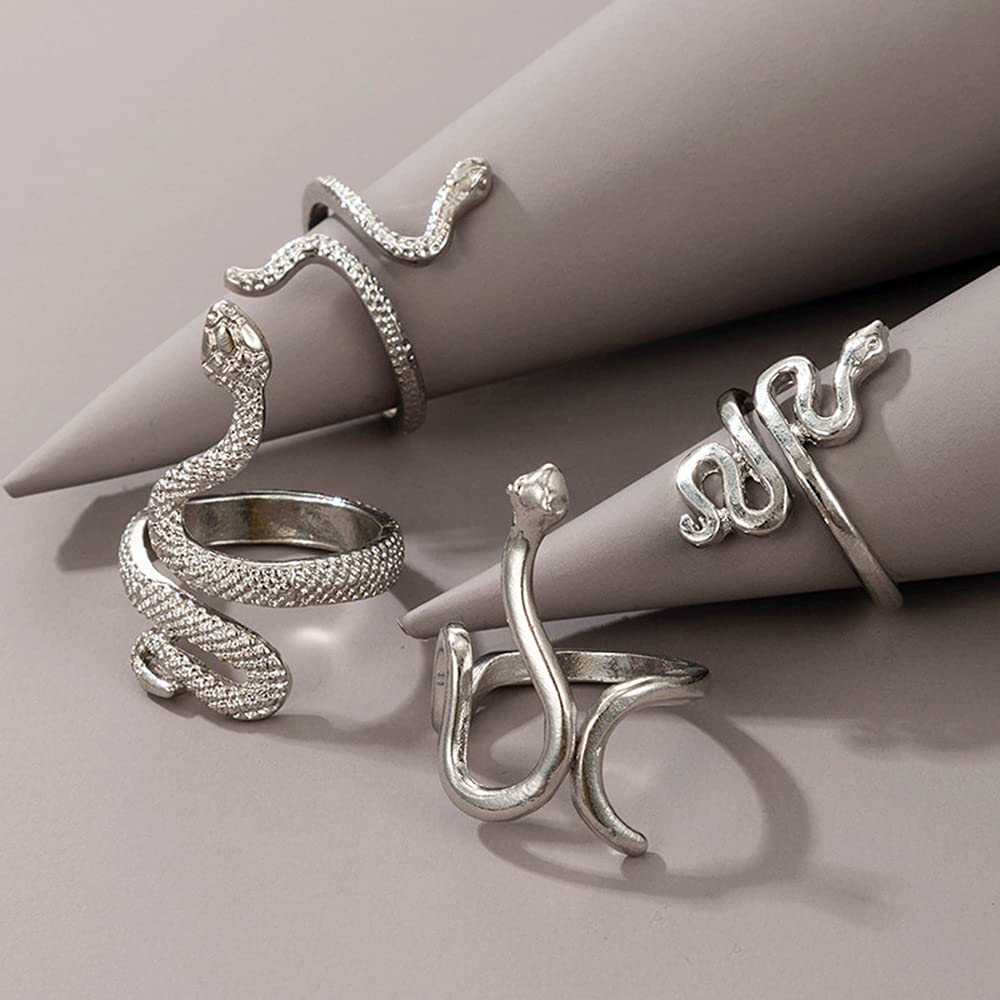 JWICOS 4Pcs Silver Punk Snake Style Stackable Finger Rings for Women Gothic Vintage Open Adjustable Rings Set Gift for Snake Lover Reptile Lover