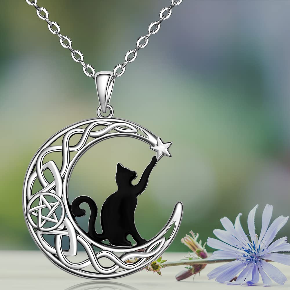 Fenthring Black Cat Necklace Sterling Silver Crescent Moon Celtic Knot Cat Necklaces for Women Cute Animal Infinity Pentacle Cats Halloween Christmas Holiday Jewelry