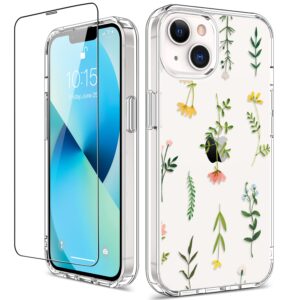 GiiKa for iPhone 13 Case with Screen Protector, Clear Full Body Protective Floral Girls Women Shockproof Hard Case with TPU Bumper Cover Phone Case for iPhone 13, Grass Flowers