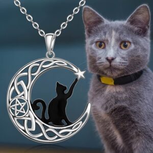 Fenthring Black Cat Necklace Sterling Silver Crescent Moon Celtic Knot Cat Necklaces for Women Cute Animal Infinity Pentacle Cats Halloween Christmas Holiday Jewelry