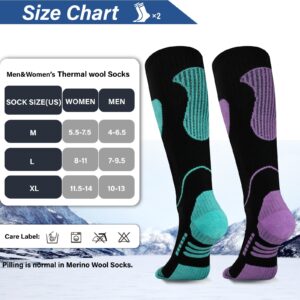 Merino Wool Ski Socks 2 Pairs, Thermal Knee High Warm Socks for Snowboarding, Hiking, Cold Weather, Snow, Hunting