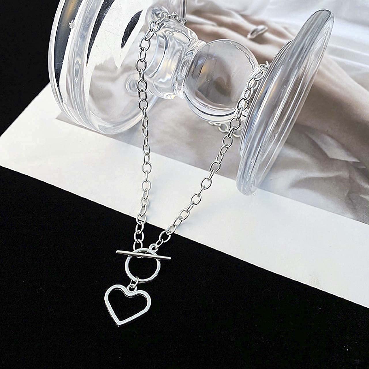 Avanlin Heart Pendant Choker Necklace Silver Stainless Steel Toggle Necklaces Cable Chain for Women Girls